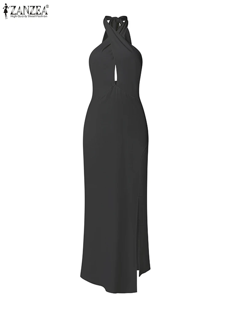 ZANZEA Abiti longuette in raso Abito da notte sexy per feste Moda donna Abito estivo con scollo all'americana 2025 Abito senza maniche da donna