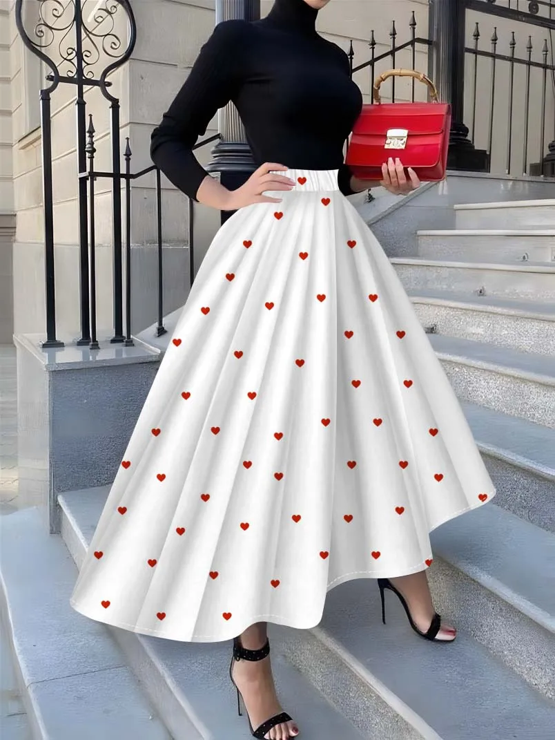 Printed Design Suitable for all four seasons Red Hearts On White Skirt vacation style elegant style women's half skirt