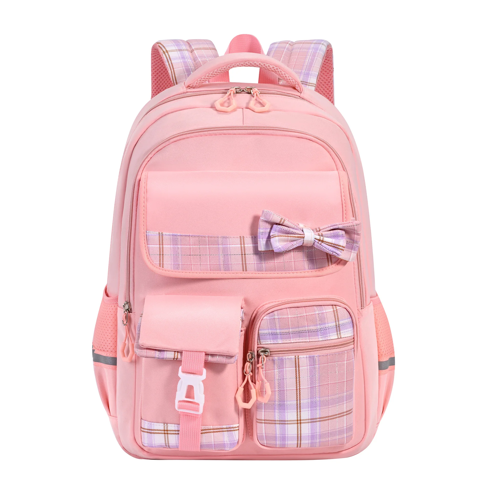 School Backpack Plaid Bow Decor Large Capacity Student Book Bag Lightweight Orthopedic Knapsack Reflective Design For Kids