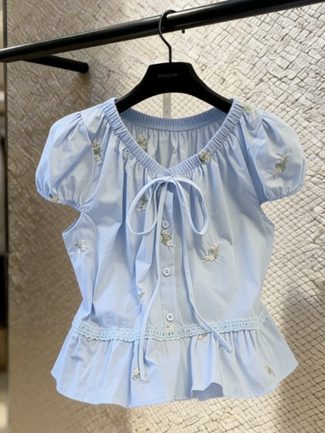 

Sweet Style Heavy Embroidery Floral Shirt Women Summer New Design Sense Tie Doll Shirt Short Sleeve Top Pure Cotton Breathable