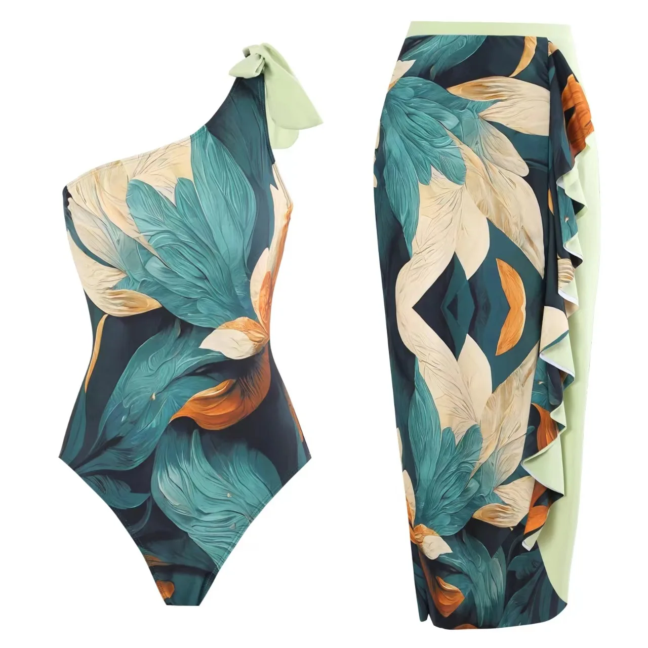 Ensemble bikini sexy à une épaule pour femme, maillot de bain vert à imprimé vintage, jupe brésilienne Biquini, robe de maillot de bain, nouveau