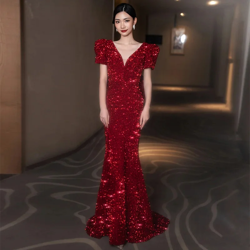 

Bride's Evening Gown Sexy Fi Tail Long Dr Sparkling Sequins Red Wedding Dr for Engagement Return Home Ceremony