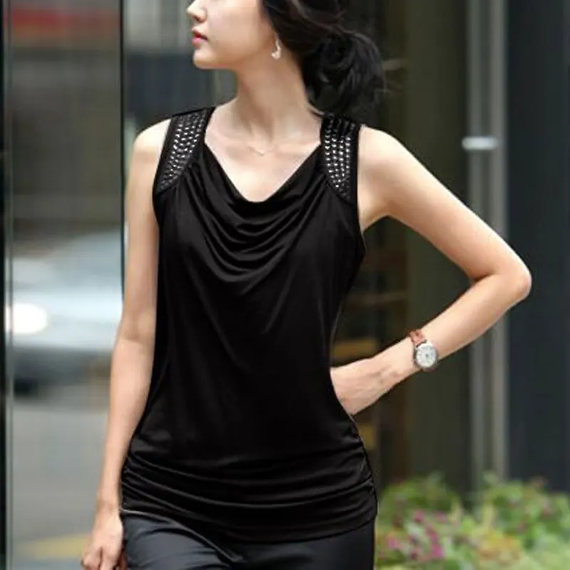 

Stylish Diamonds Swinging Collar Tanks Casual Sleeveless Female Clothing Solid Color All-match Pullovers Summer Slim Folds Camis