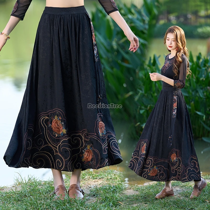 2024 chinese national style elastic waist mid-length retro skirt a-line tang suit hanfu skirt women embroidery retro skirt t001