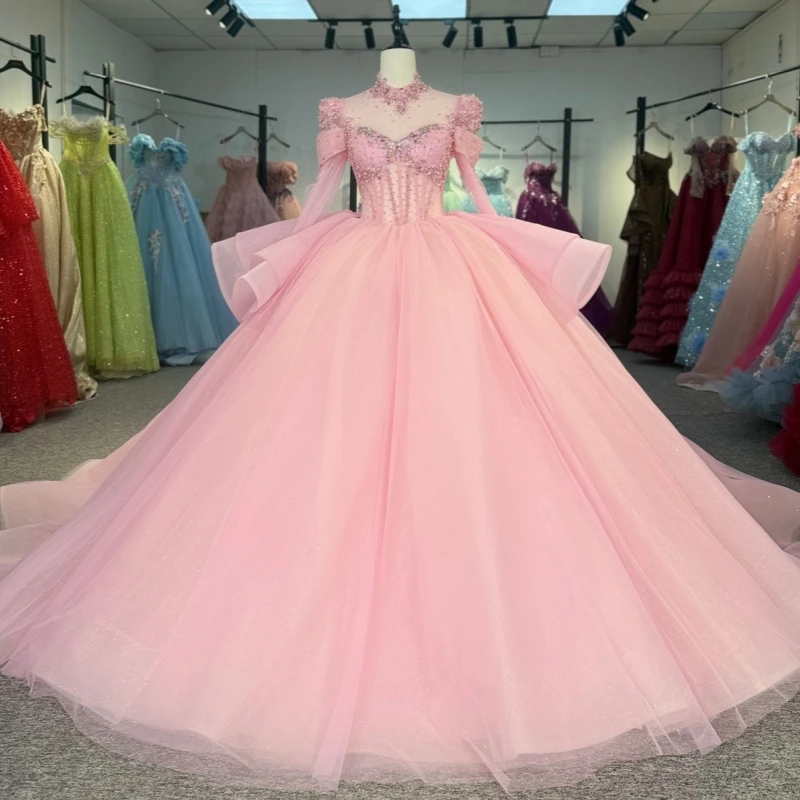 

Pink Shiny Quinceanera Dresses Off The Shoulder Lace Beading Corset Tull Long Sleeves Party Birthday Sweet 16 Dress Vestidos De