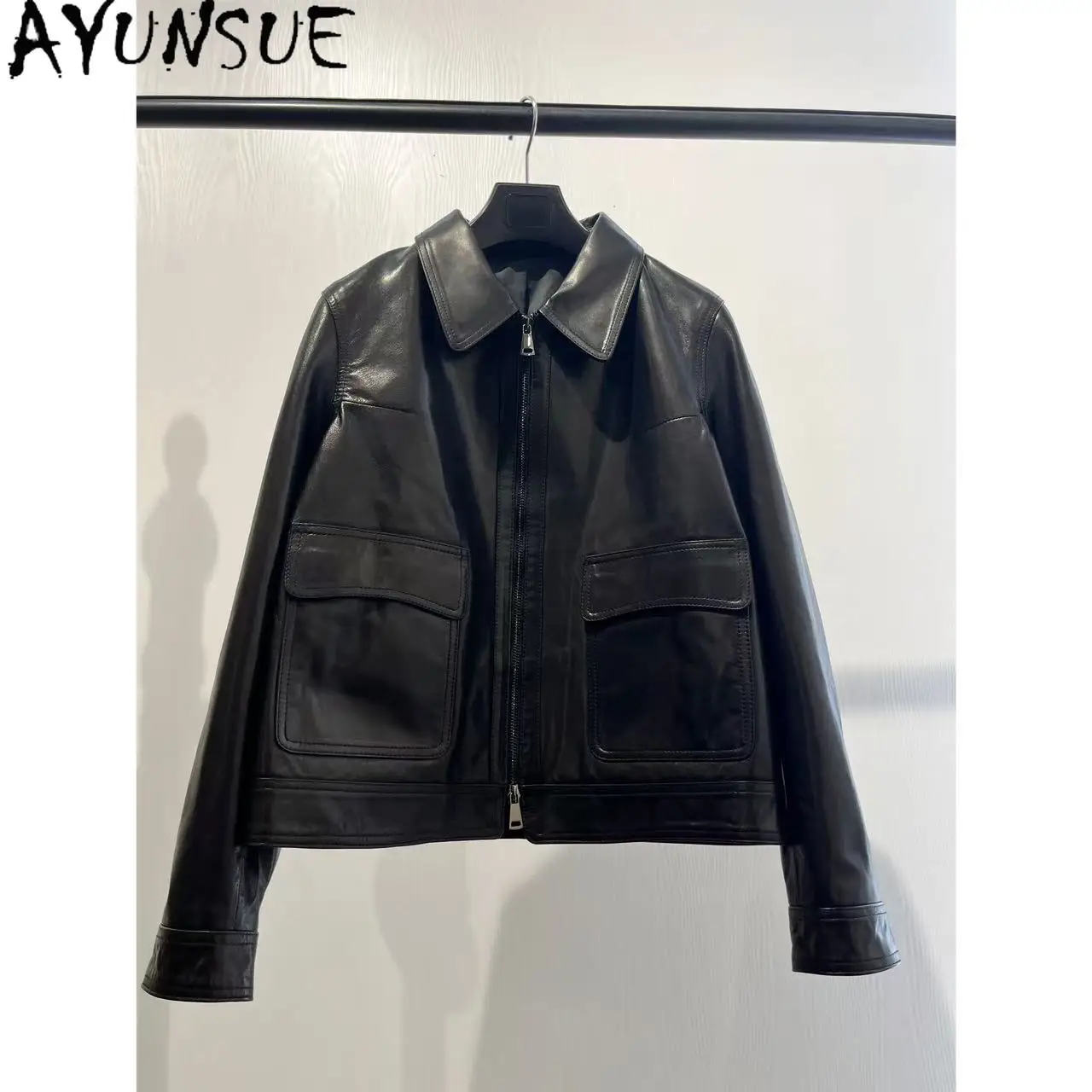 AYUNSUE 100% Real Leather Jacket Woman 2026 Autumn Clothes Natural Goatskin Streetwear Coat Women Fashion Black Casaco Feminino