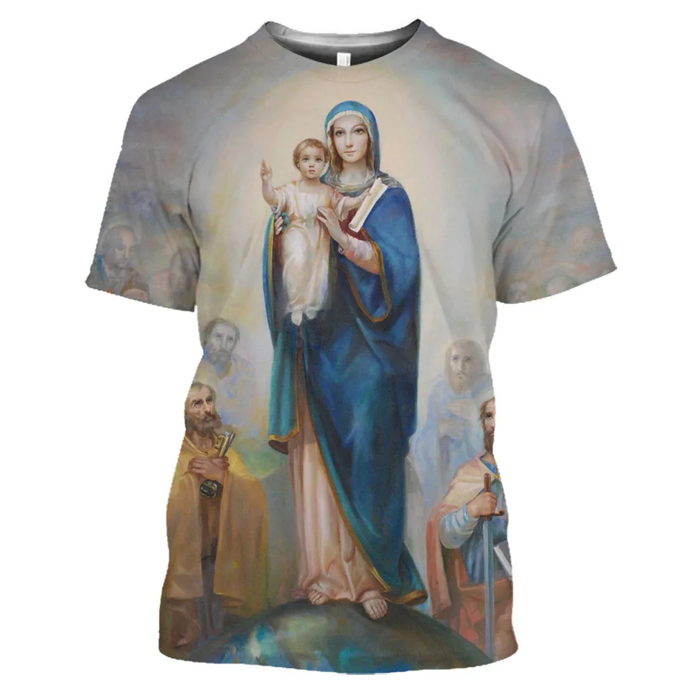 Summer Men\'S 3d Printed T-Shirt Virgin Mary Guadalupe Catholic Polyester O-Collar Loose Short Sleeved Oversized Comfortable Top