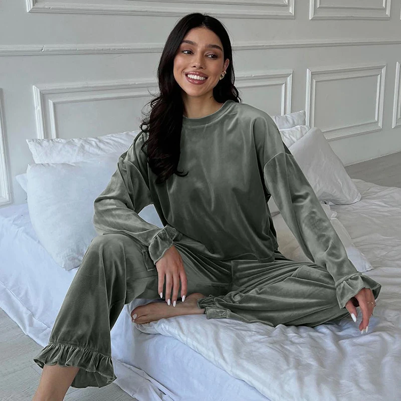 2024 Autumn Winter Knitted Pajama Women's Round Neck Long Sleeved Pants 2Pcs Home Sleepwear Set Female Solid Casual Loungewear