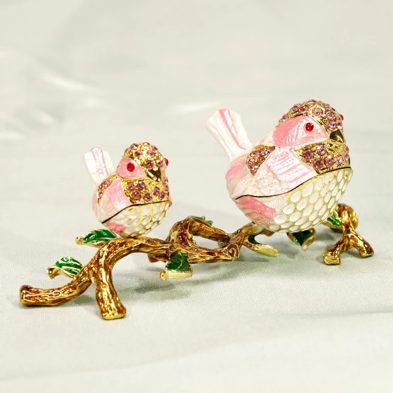 FOR Lloy Enamel Craft Diamond-encrusted Ornament, Mother and Son Acacia Bird Light Luxury Jewelry Box,  Two Packs