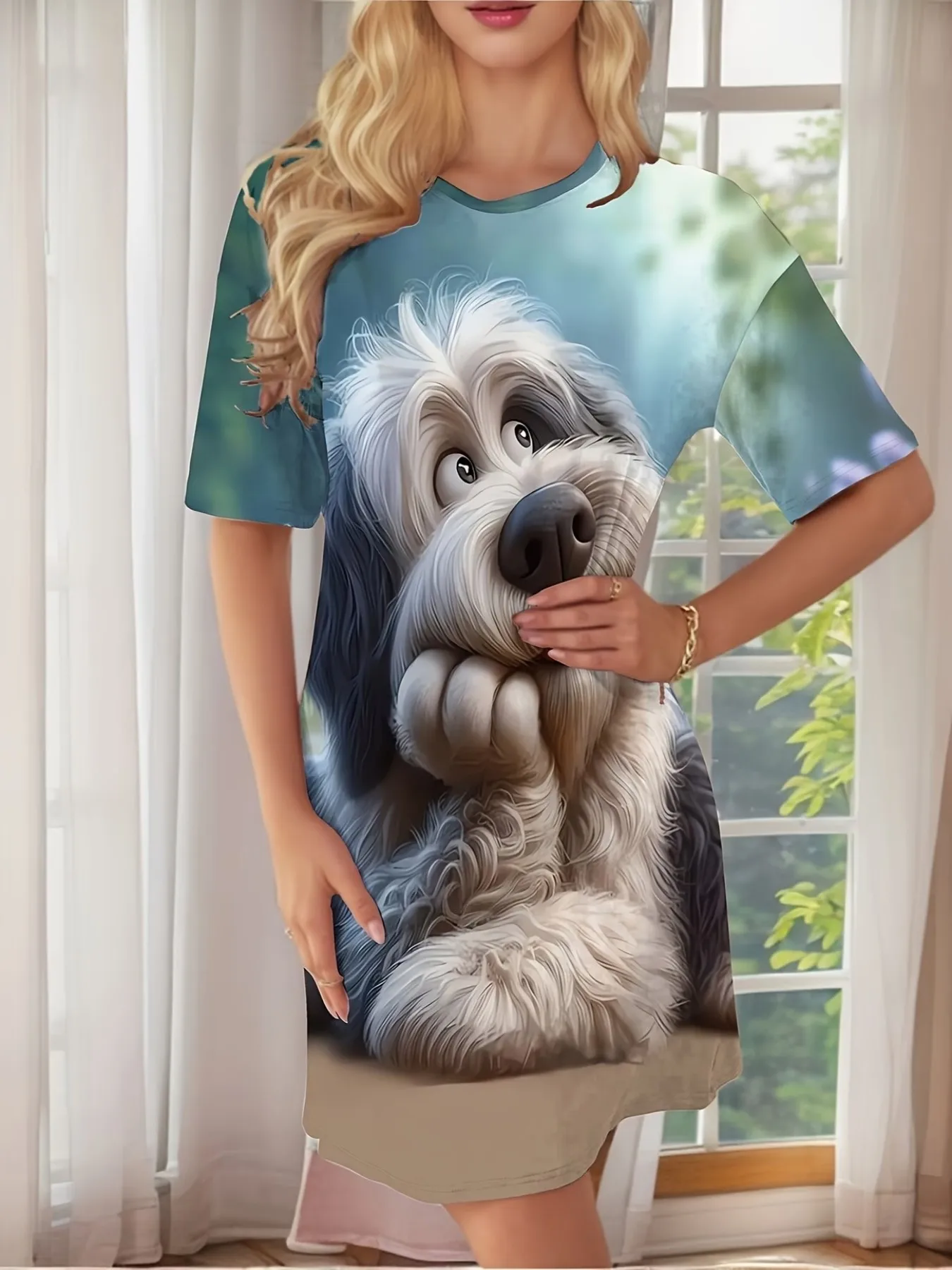 Healing and Adorable Pet Art Print Women's Casual Loose Mid-Length Home Pajama Dress