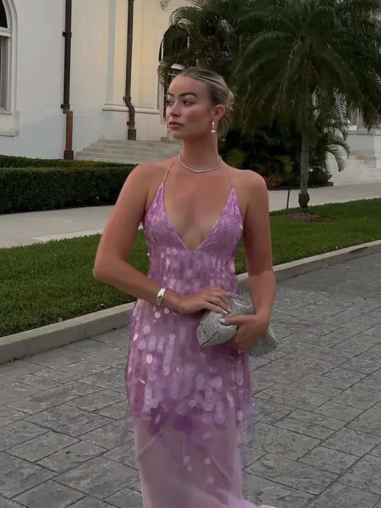 فستان رسن شبكي مزين بالترتر بحمالات على شكل حرف v بقصة ضيقة مثير بدون ظهر لامع للنساء على الشاطئ وحزام ذيل السمكة فساتين طويلة فستان اجتماعي #4