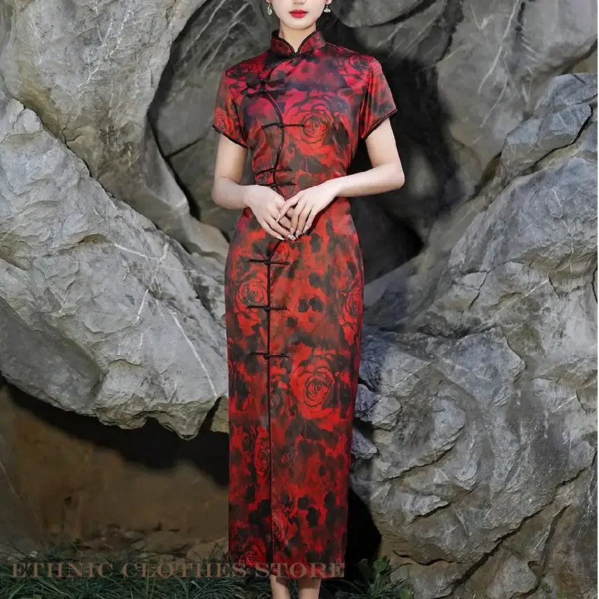จีนแบบดั้งเดิมยาว Qipao พิมพ์ดอกไม้ซาตินชุดจีน Cheongsam Vintage คลาสสิก Qipao Vestidos ชุดราตรี 3XL