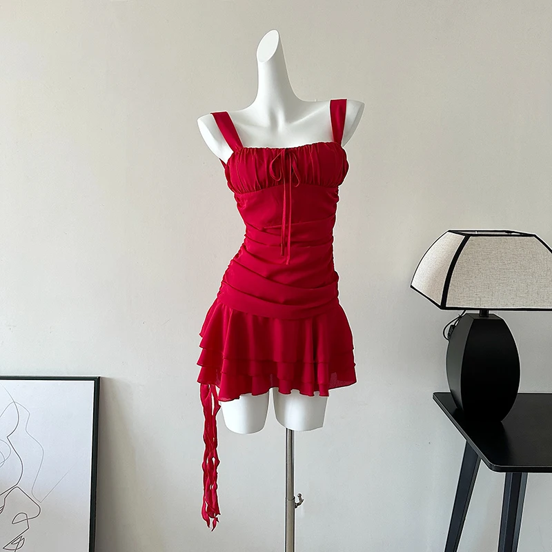 

Red Beach Vacation Suspender Dresses Women Summer Lace-up Square Collar Irregular Short Dress Stuning Sexy Slim Ribbon Skirts