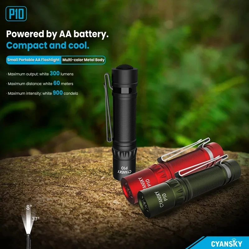 CYANSKY P10 300 Lumens EDC Flashlight 3 Mode for Camping and Hiking Tail Switch Flashlight with AA Battery Mini LED Portable