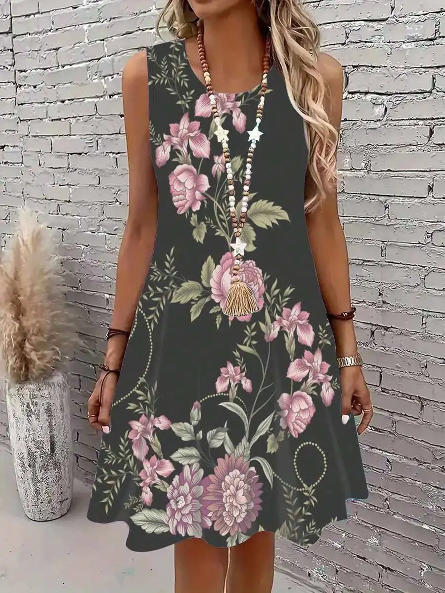 

Floral Print Sleeveless A-Line Dress With Round Neck For Casual Wear