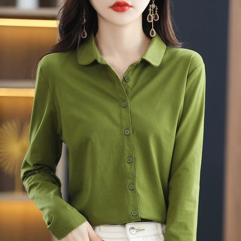 

Elegant and sophisticated spring and summer women's long sleeved slim fit solid color shirt top with a stylish appearance