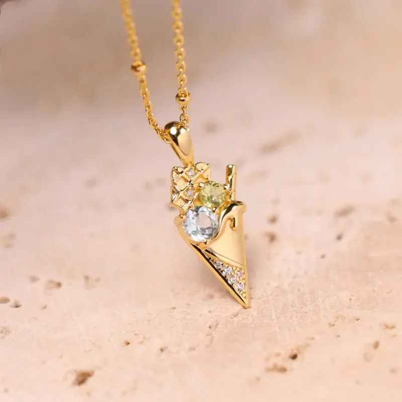 French Style Gold Color Zircon Ice Cream Waffle Pendant Necklace Women's Summer Seaside Vacation Eye-catching Necklace Gifts