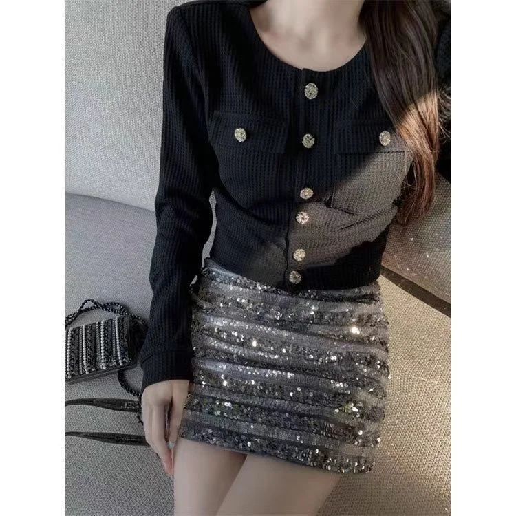 

Ele Sequin High Waist Skirt Slimming A-Line ort Skirt Faionable Wrap Body Anti-Light Skirt Korean Sle Commute