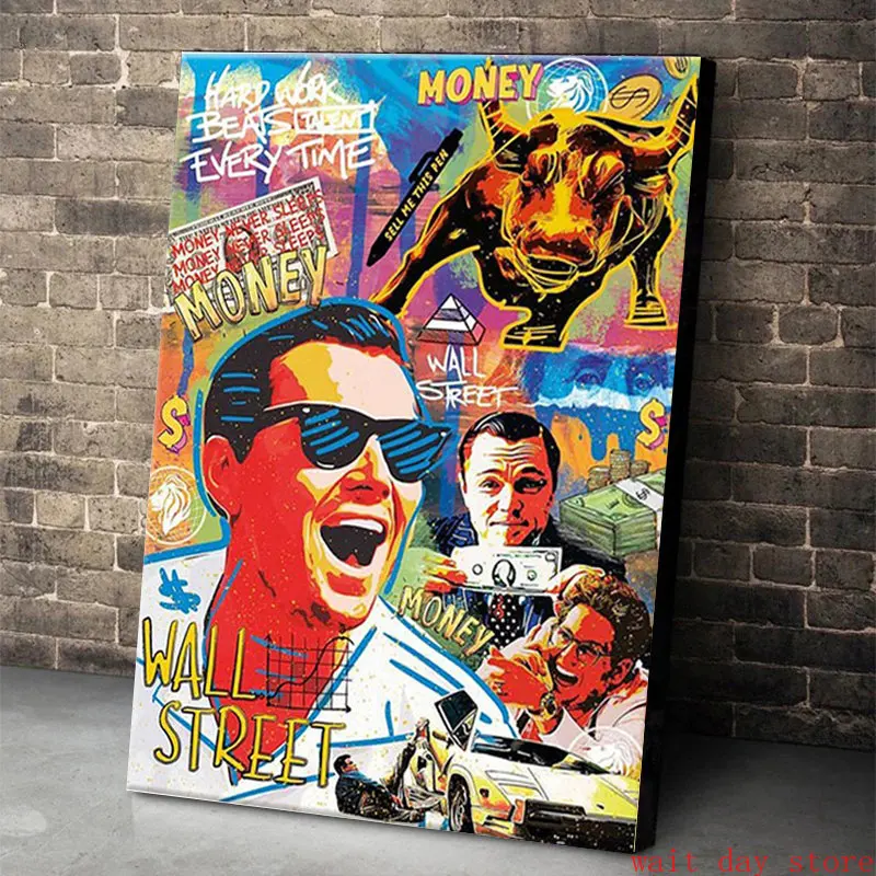 Graffiti The Wolf of Wall Street Movie Poster Leonardo DiCaprio Charging Bull Money Motivational Canvas Painting Wall Home Decor