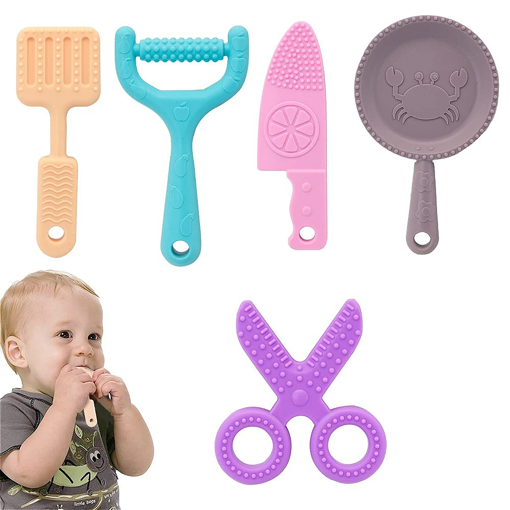 

Baby Teething Toys Soft Silicone Cute Kitchen Utensils Shape Baby Teethers Includes Anti-Drop Chain for Baby Infant BPA Free