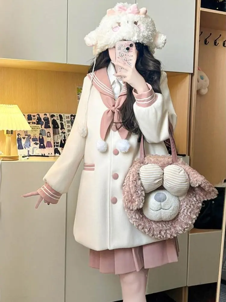 Autumn and Winter JK Uniform Woolen Pink White Coat Suit Sweet Bowknot Navy Collar Jacket Niche Design Pleated Skirt Sets