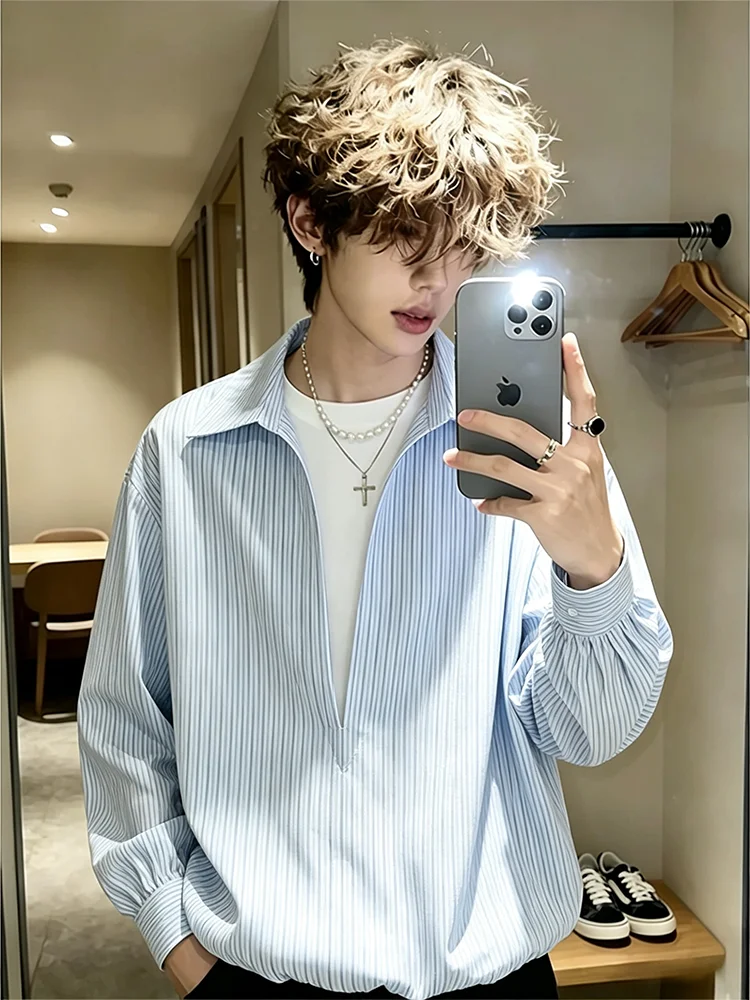 Loose Fit V-Neck Striped Long Sleeve Shirt Men's Autumn 2026 CleanFit Style Polyester Fiber Casual Shirt Jacket Outerwear