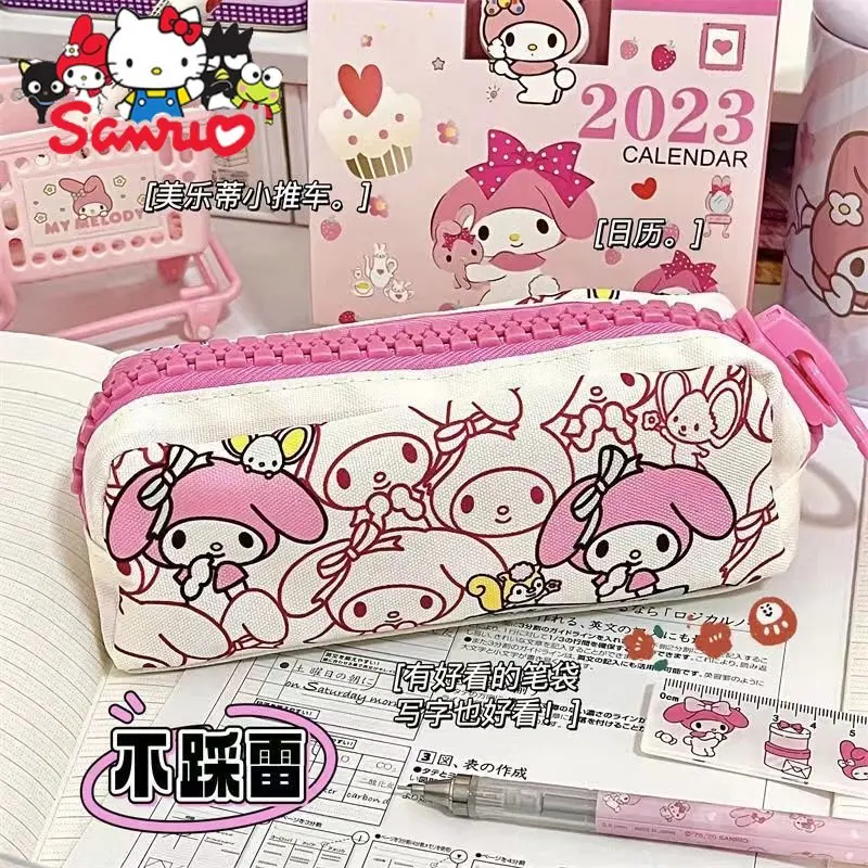 Sanrio Melody Kuromi Hello Kitty Cinnamoroll Pochacco Pen Bag Cartoon Big Zipper Male Students Pencil Stationery Box Storage Bag