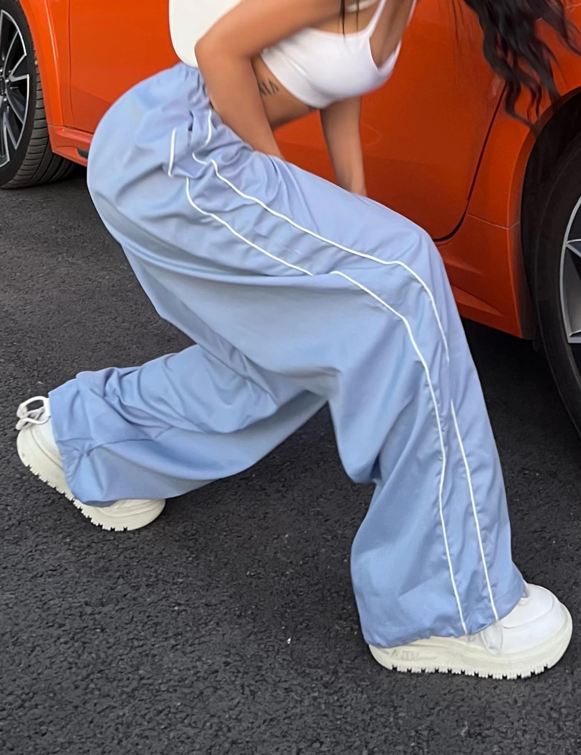 

Women's Light Blue Side Stripe Wide Leg Pants Elastic Waist Baggy Parachute Trousers Streetwear
