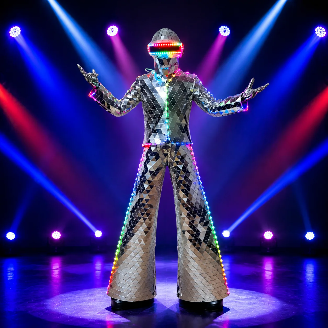 

Hand-Sewn LED Stilt Costume Colorful Mirror Suit for Stage Performance, Nightclub Party Carnival