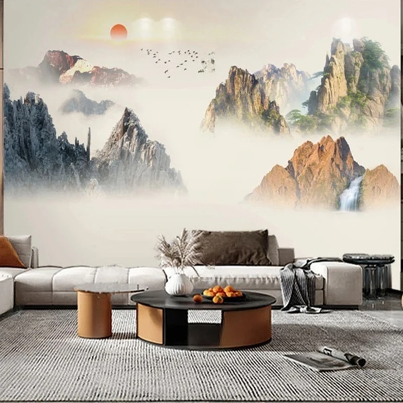Custom Printed Wall Murals Wallpaper Design Chinese-Style Mountain Sunset Landscape Art Natural Wall Coverings for Home Office