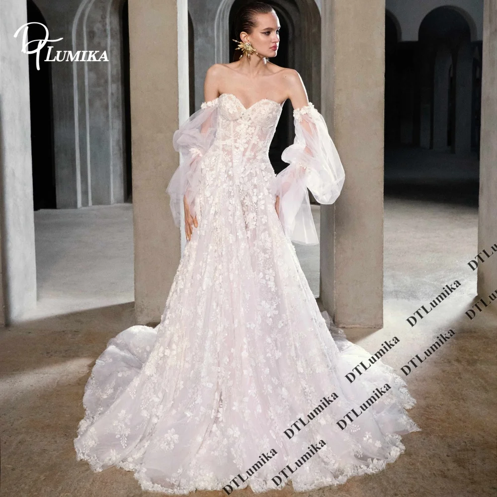 Dreamy Floral Lace Wedding Dress Sheer Puff Long Sleeves Sweetheart \Mermaid Silhouette Chapel Train Romantic Boho Bridal Gown