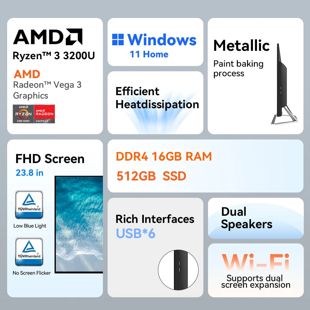 Aoc Alles-In-Één Computer 23.8-Inch Amd 3200u 16G 512G Desktop Pc Gaming Aio Thuiskantoor Computers Spel Computer Verstelbare Rx 580