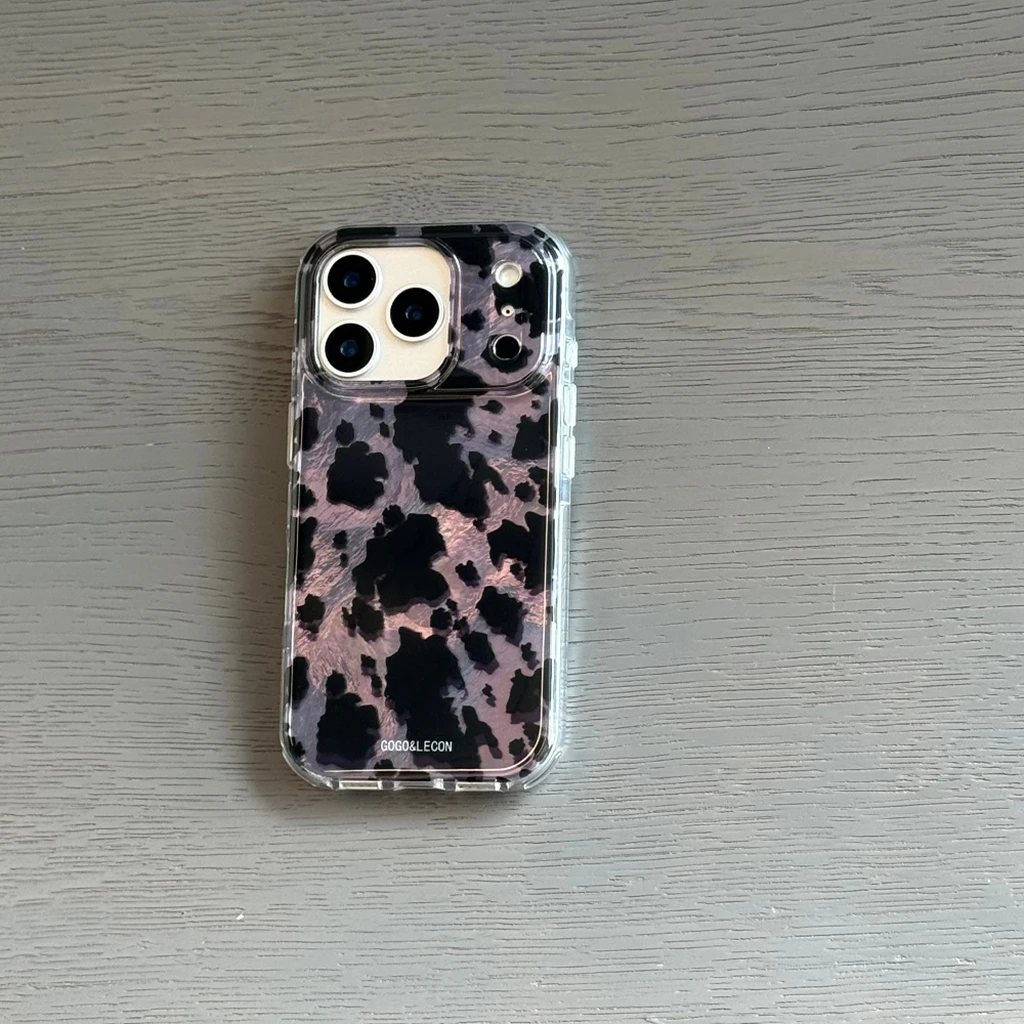 Creativity Graffiti Black Leopard Print Purple Tin Foil Pattern With Lanyard Phone Cover Case for iPhone 17 16 15 14 Pro Max