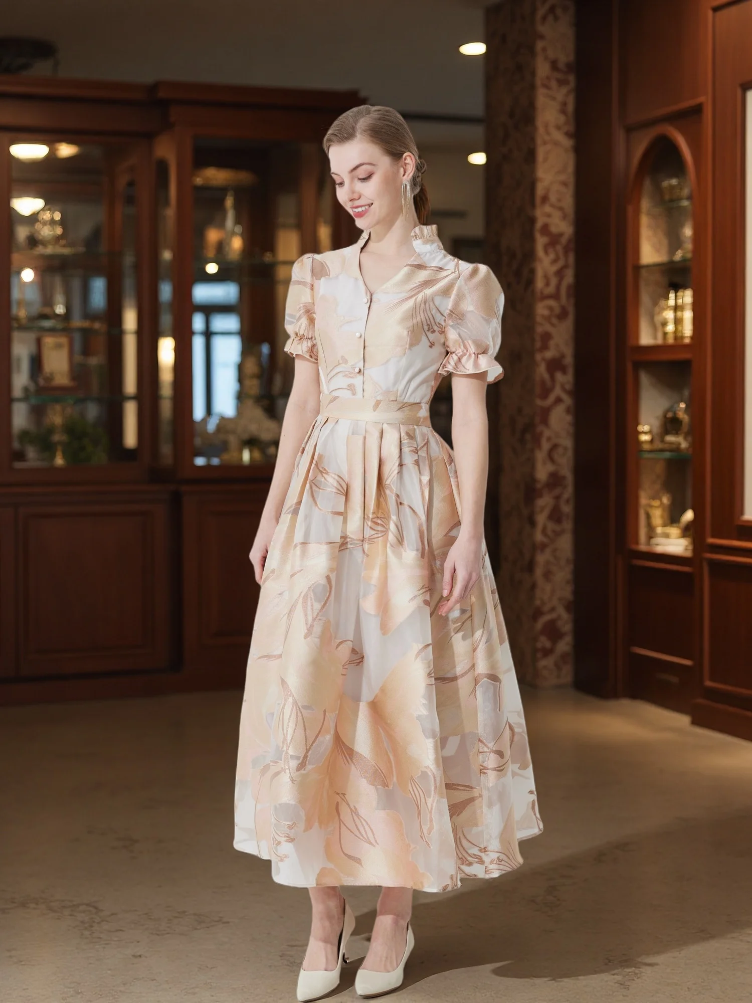 French Vintage Embellished Jacquard Dress with Waist-Cinching Flared Maxi Silhouette for Elegant Banquets and Dates