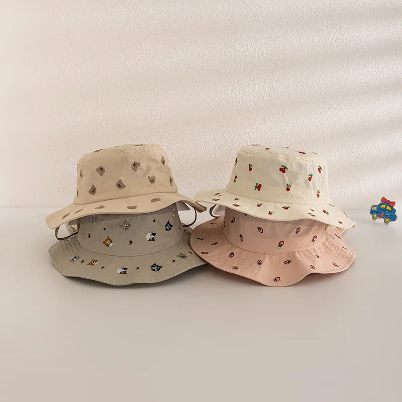 Summer Baby Sun Hat for Kids Adjustable Quick Dry Neck Visor Bonnet Embroidery Cherry Children's Fisherman Hat With Shawl Gorras