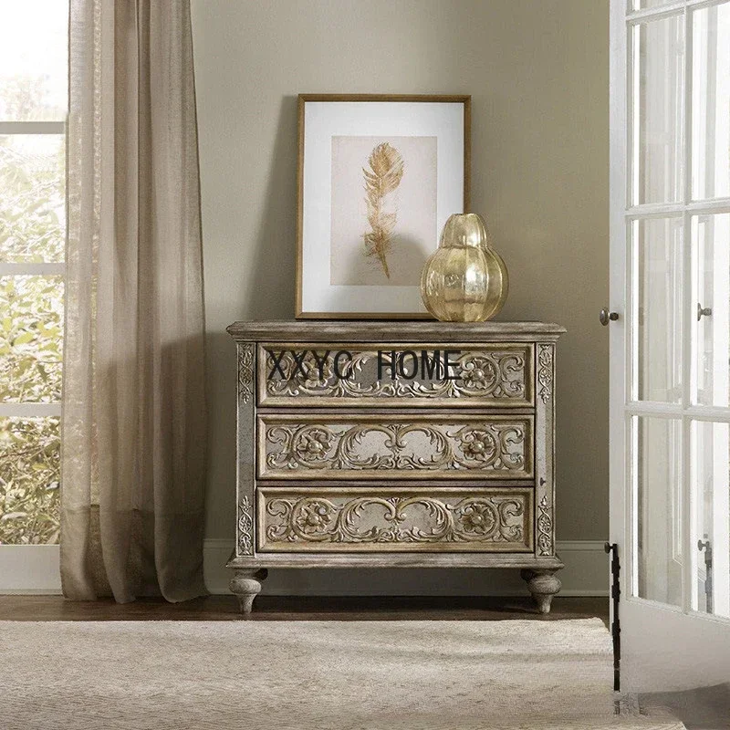 Solid Wood Bedside Cabinet Villa Light Luxury Carved Side Cabinet Locker Bedroom Retro Three-Drawer Storage Cabinet
