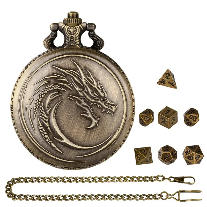 Vintage Dragon Totem Pattern Pocket Watch Case Pendant Chain 7 x Tiny Polyhedral Metal Dice Set Gaming Accessory for Role Play