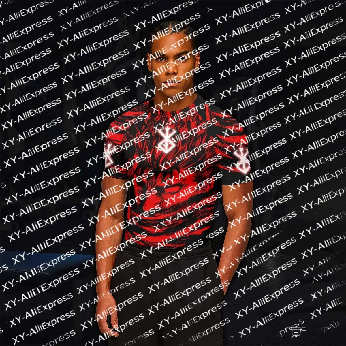 Anime-style Portrait Pattern T-shirt, Red and Black Brush Strokes, Full Print, Men's Street-style Compression Gym Sweatshirt