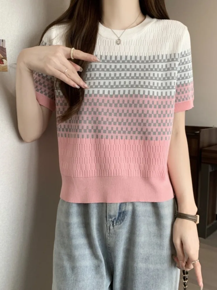 Chic Gradient Striped Knitted Tshirt Sweater Women Summer Ice Silk Stylish Vintage Slim Ladies Knitwear Short Sleeve O-neck Tops