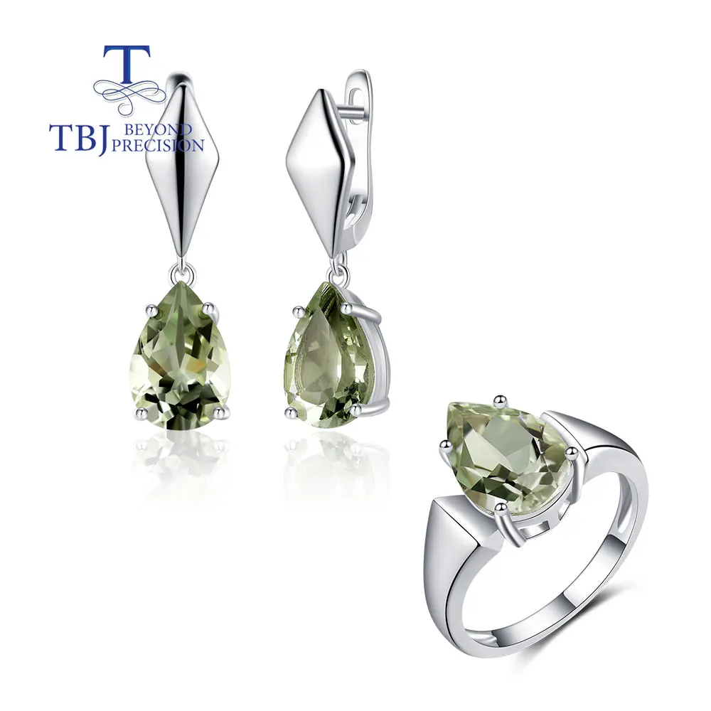 

New design Natural brazil Green amethyst Jewelry set 925 sterling silver fine jewelry Pear 8*12mm for women nice gift