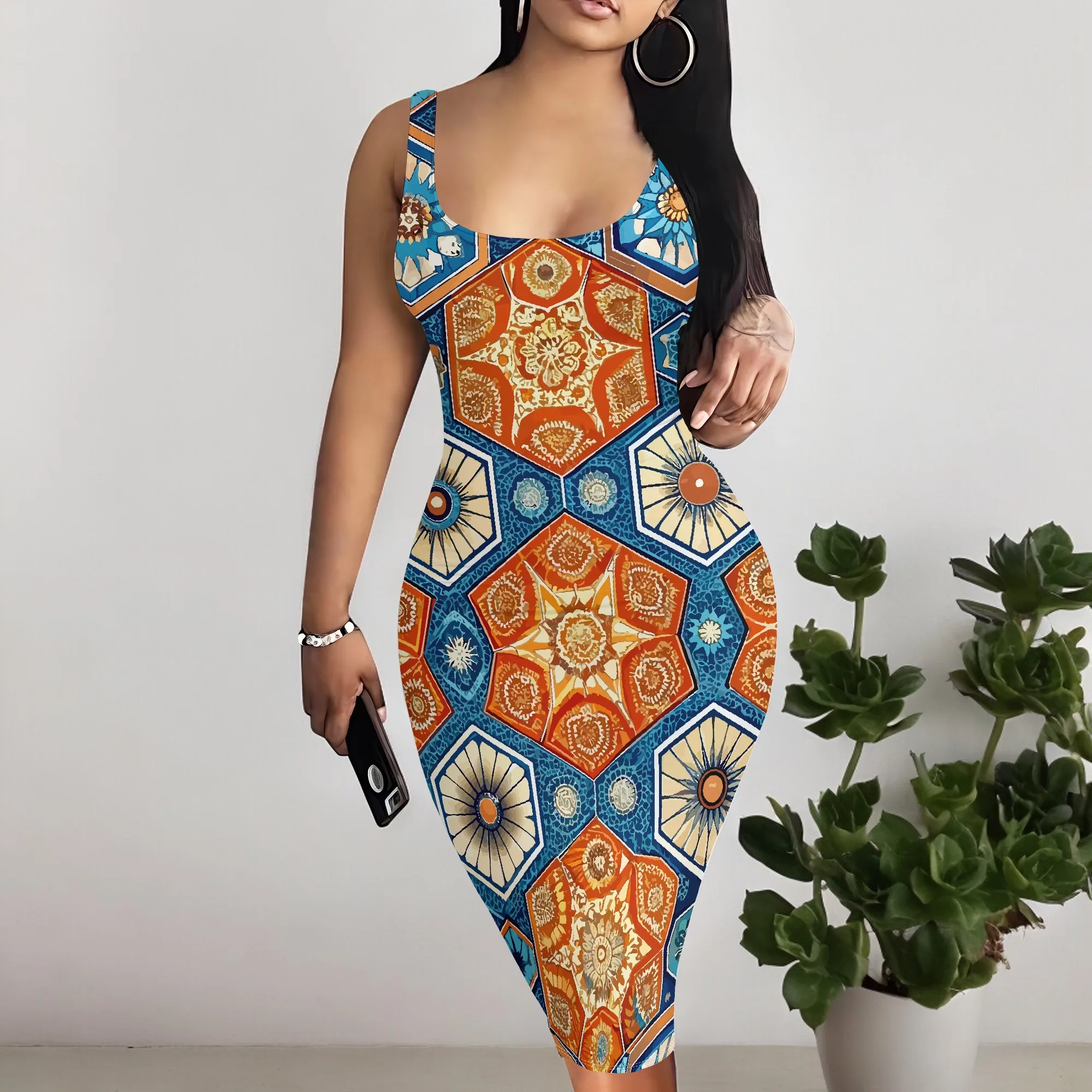 

Moroccan Tile Print Women's Bodycon Cocktail Dress Sleeveless Elegant Party Gown for New Year's Eve S-3XL