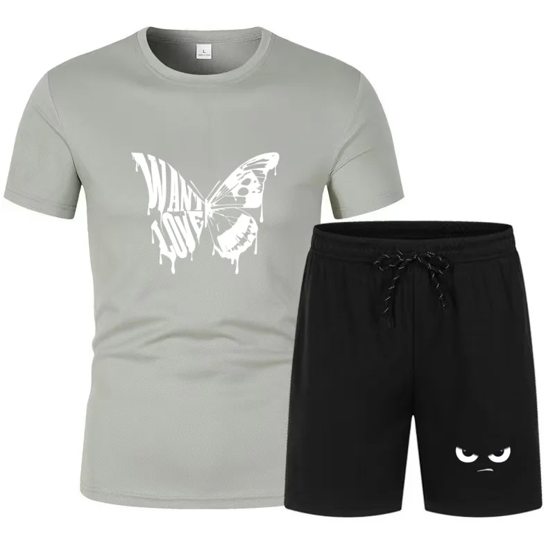 Men And Women Want To Love Butterfly Pattern Short Sleeved T-Shirt, Elastic Waist, Cartoon Face Shorts, Summer Sports Two-Piece