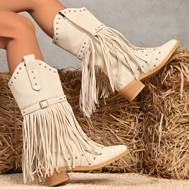 

Женские осенние новые женские ботинки с боковой молнией, повседневные ботинки до середины икры в этническом стиле в западном стиле, 2026, модные туфли на танкетке и высоком каблуке