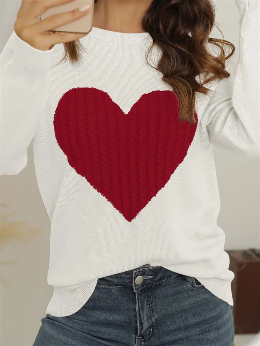 New Fashion Womens Valentines Day Knit Sweater Long Sleeve Round Neck Heart Print Knitwear S M L