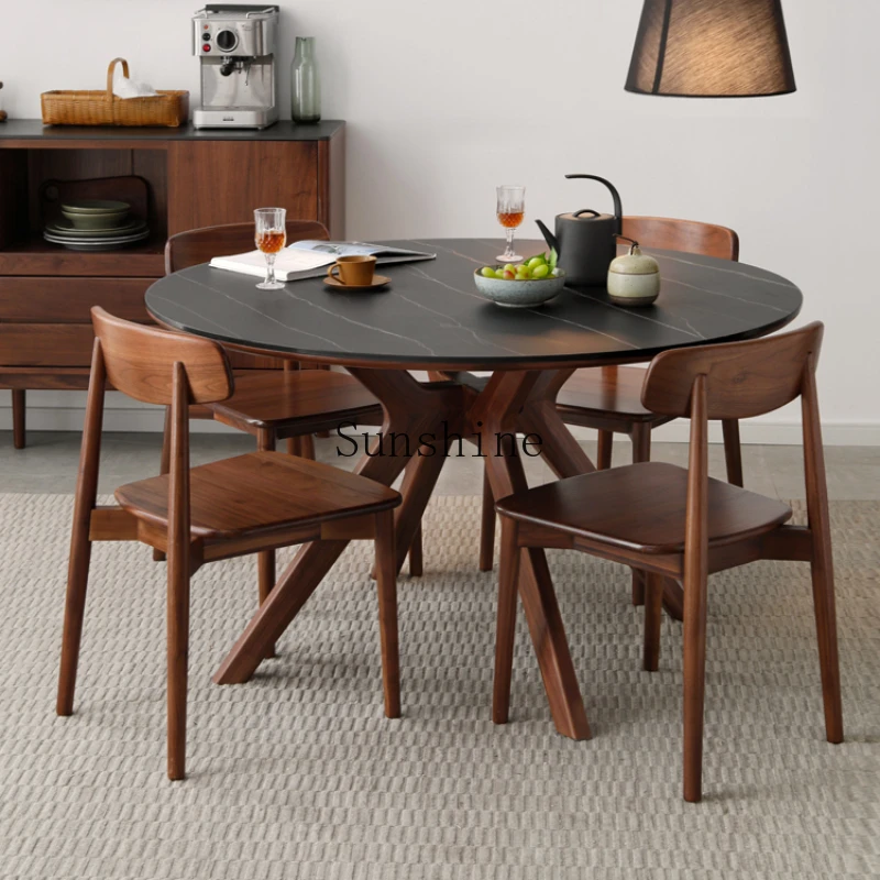 

Solid wood rock slab dining table for home use Modern simple round table with turntable