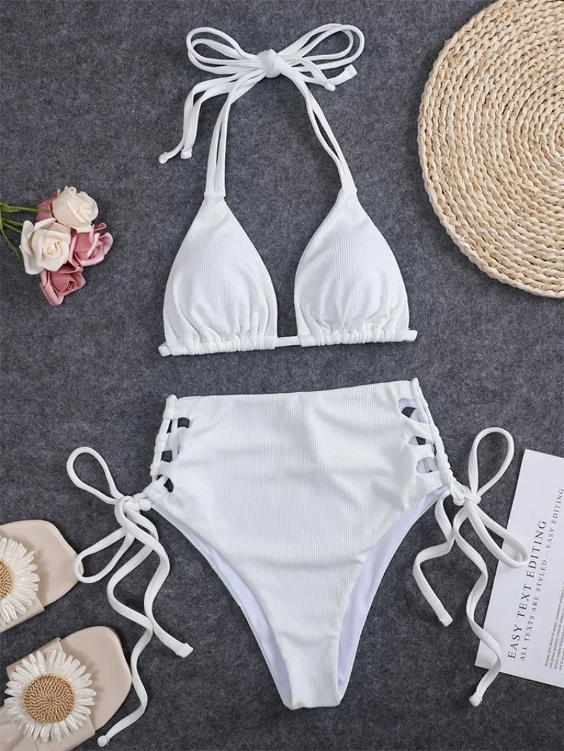 Sexy White Ribbed Halter Bikini Sets Two Pieces High Waist Tie Hollow Women Thong Swimsuit Female Bathing Suit Swimwear Biquini