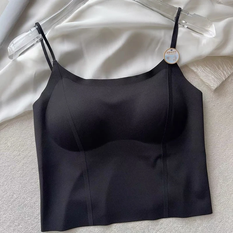 Summer Seamless Ice Silk Camisole Style Women\'s Bottoming Outer Wear Fixed All-in-one Beautiful Back Bra with Breast Pads