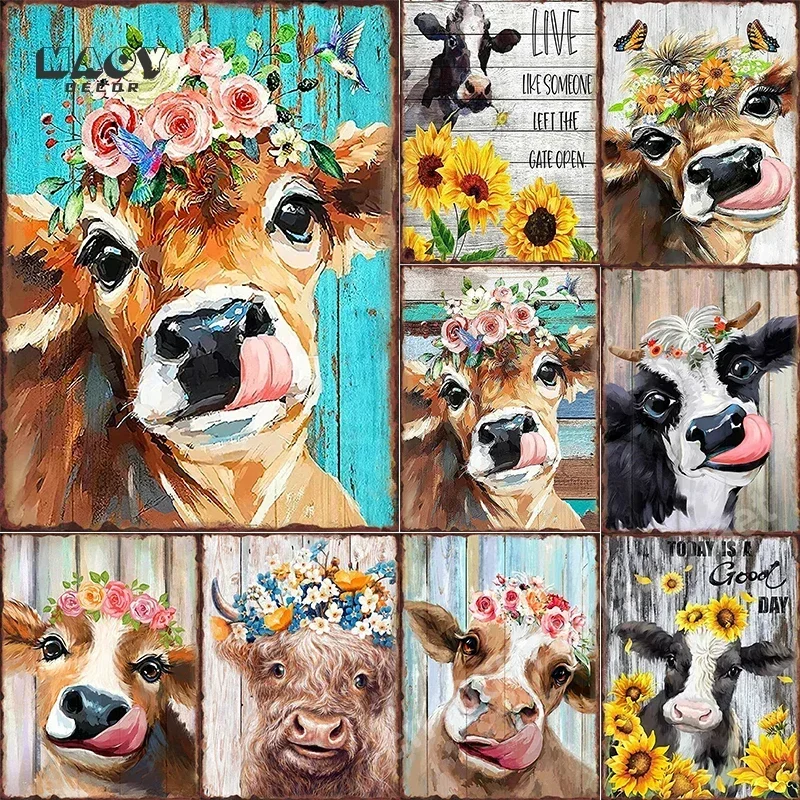 Fun Cattle Iron Plate Poster Farm Metal Tin Sign Pet Shop Garden Hanging Paintings Cute Cow Pattern Home Wall Decoration Plaque