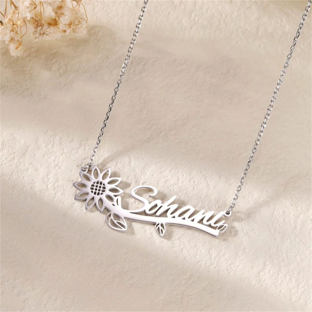 Personalized Custom Sunflower Name Necklaces For Women Stainless Steel Pendant Clavicle Chain Choker Birthday Jewelry Gift