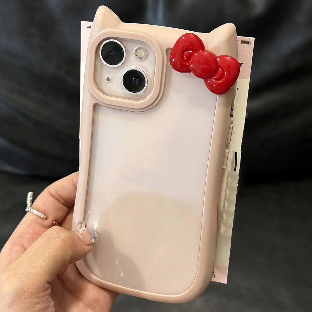 Korean Cute 3D Bow Cat Ears Pink Phone Case For iPhone 16 15 14 13 12 Pro Max 11 Lovely Transparent Shockproof Soft Cover Funda